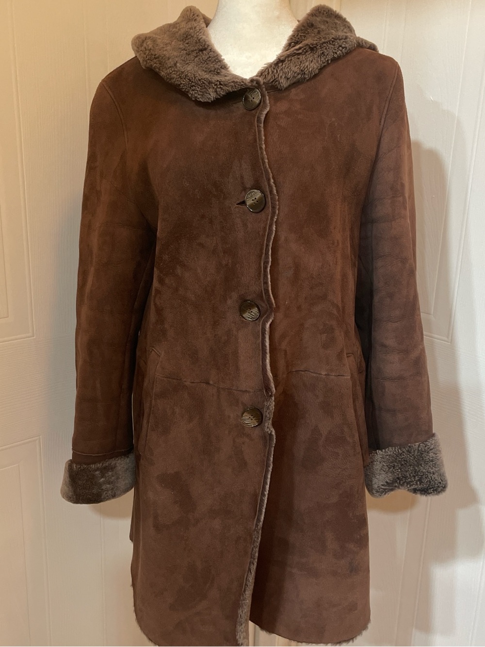 Shasa Brown Faux Shearling-Trim Hooded Trench Coat
